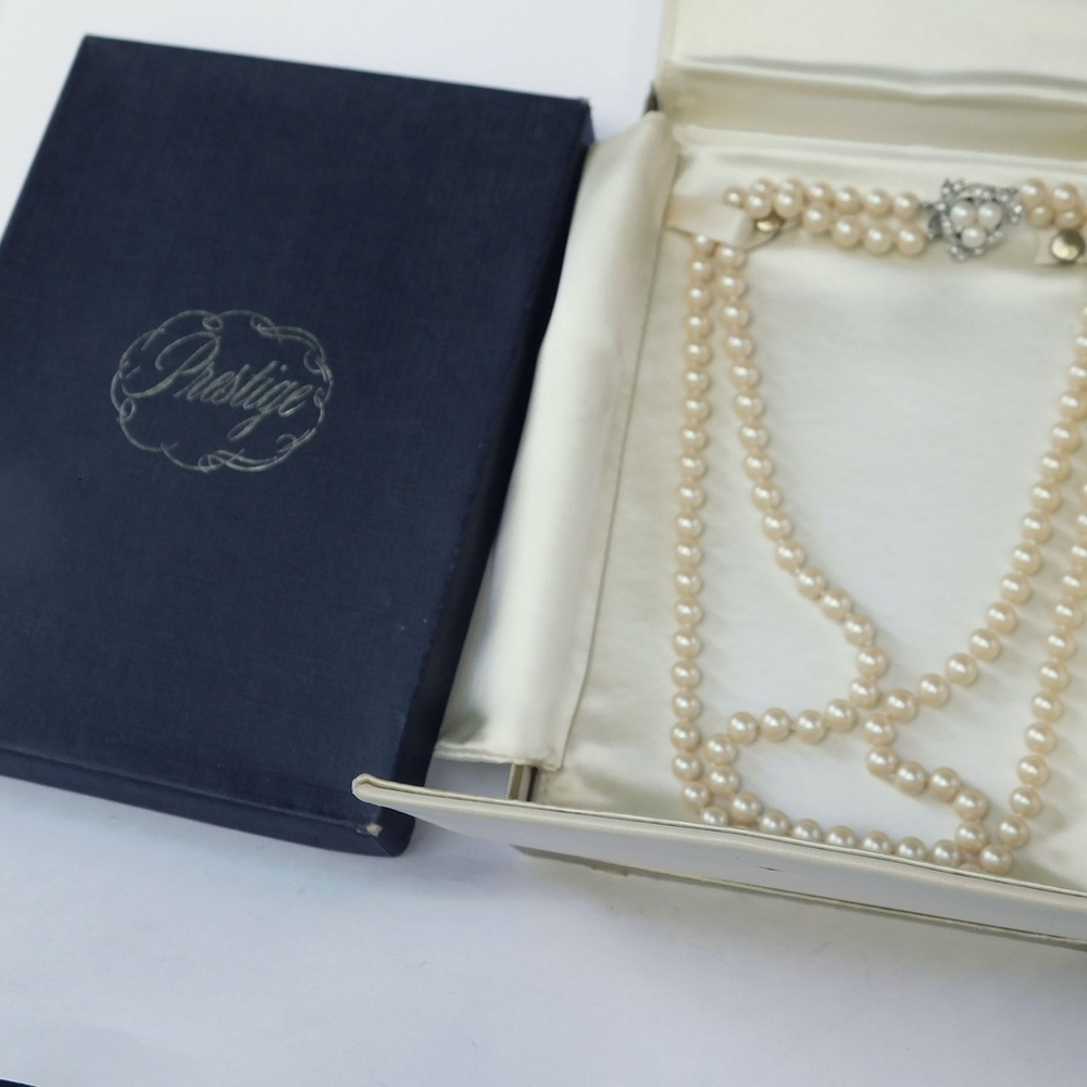 1940s Vintage Prestige Faux Pearl 2 Strand Necklace 21" Fancy Rhinestone Cl